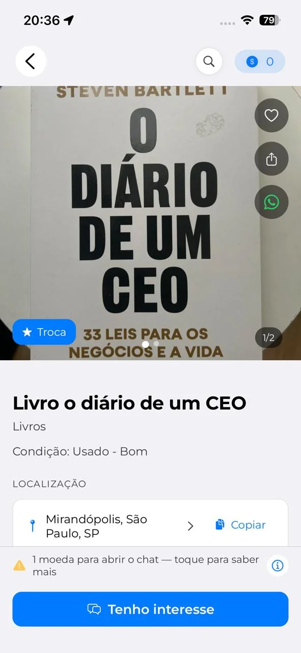 Detalhe do anúncio com botão para demonstrar interesse e abrir o chat