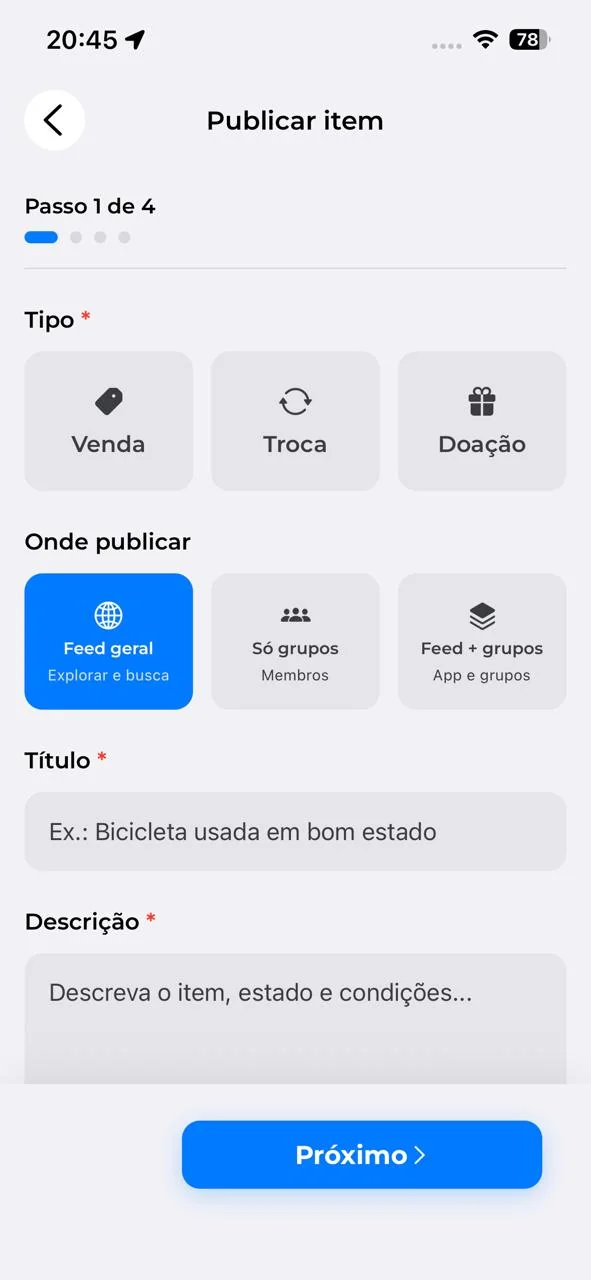 Tela de publicar item no Clubescambo